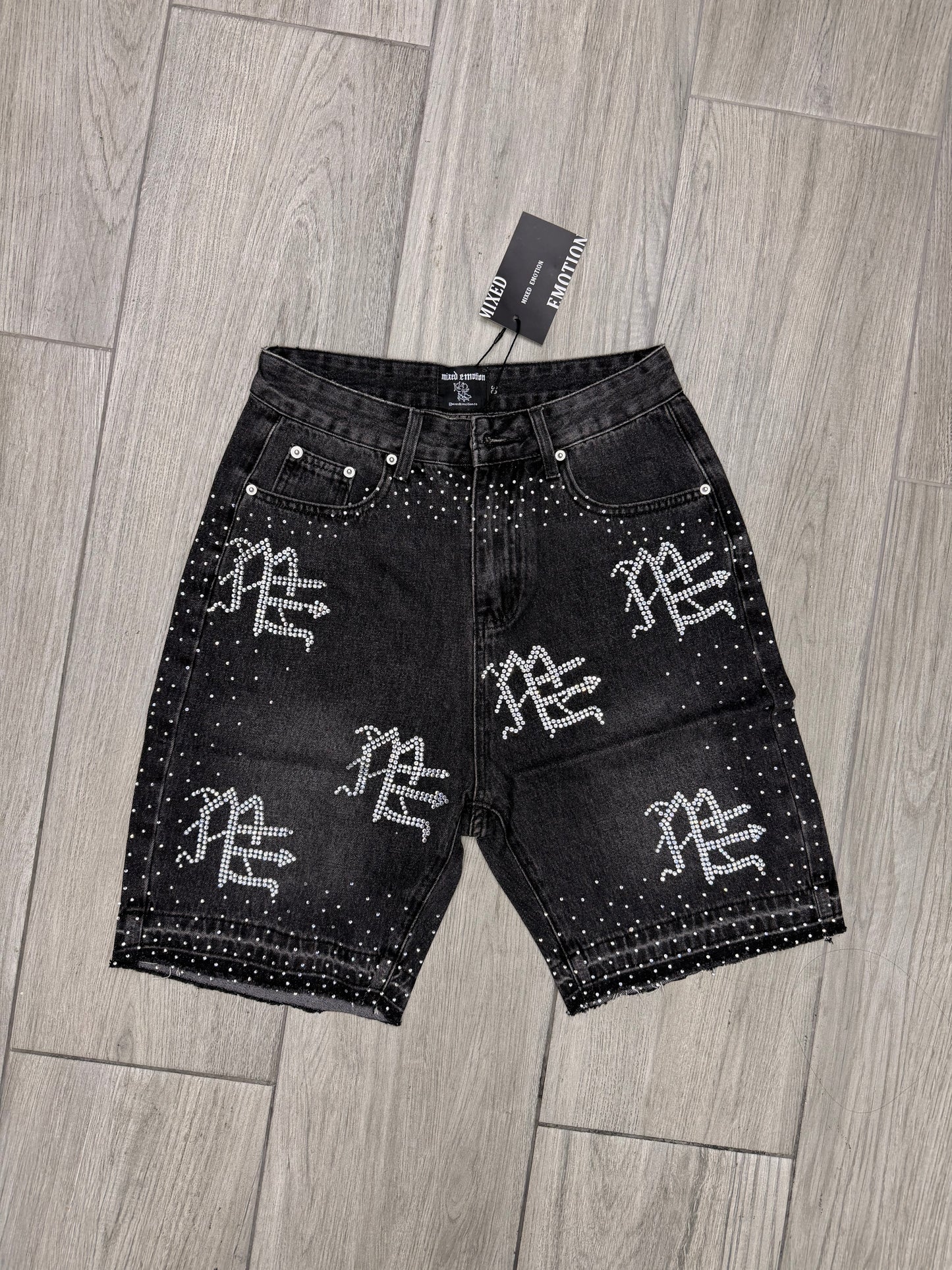 MIXED EMOTION BLACK "ME" RHINESTONE DENIM SHORTS