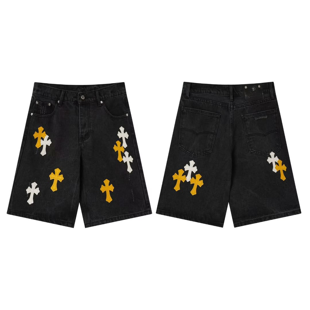 Chrome Hearts Black Denim Cross Patch yellow Shorts