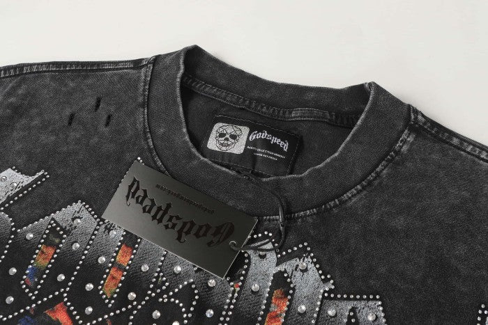 Godspeed Crying Statue Rhinestone Letter Distressed Print Washed black tee
