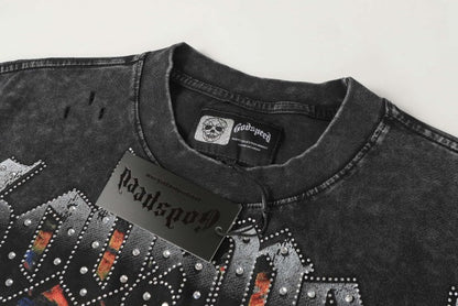 Godspeed Crying Statue Rhinestone Letter Distressed Print Washed black tee