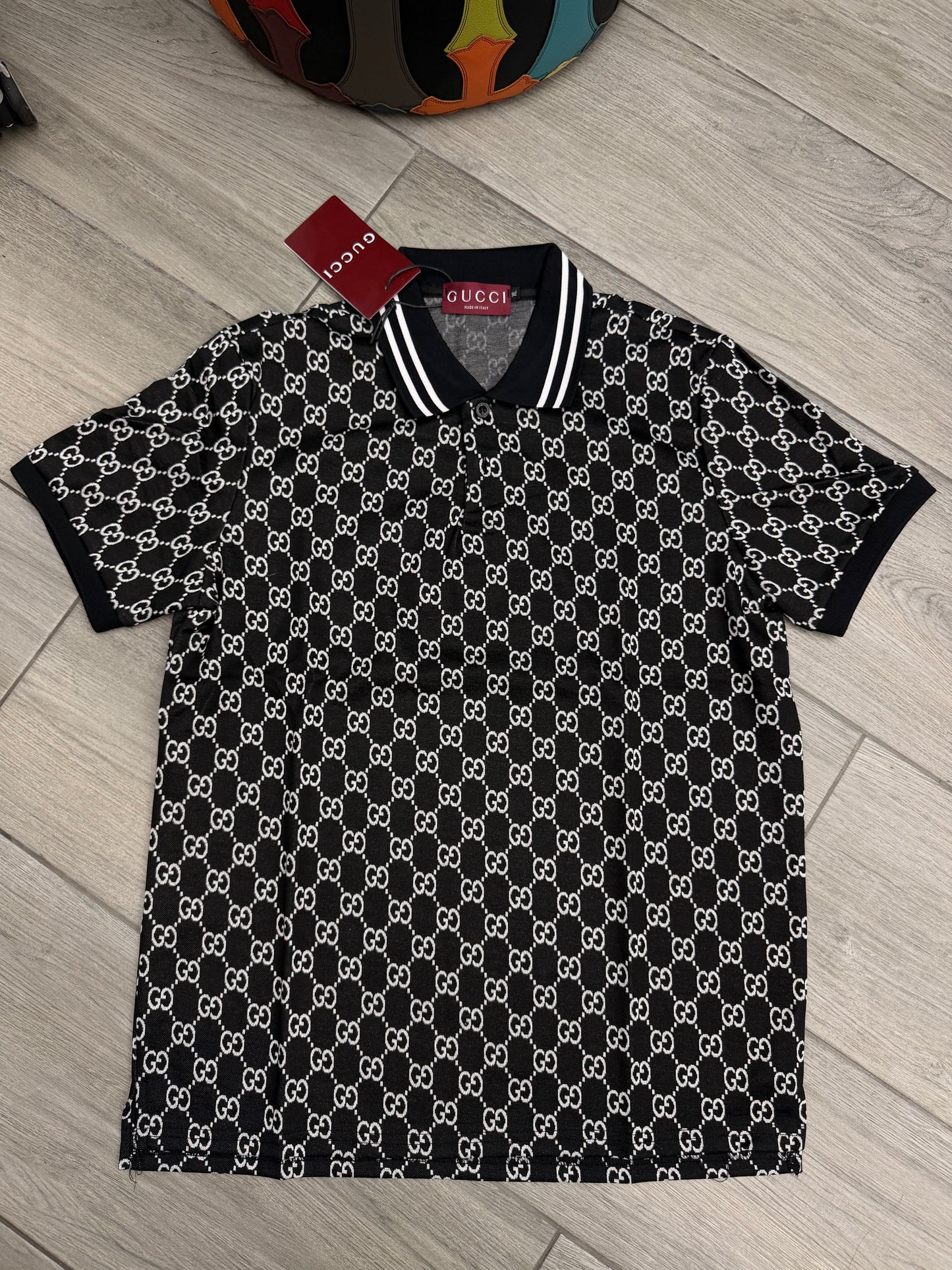 Gucci Men's GG Jacquard Cotton Piquet Polo Shirt Black