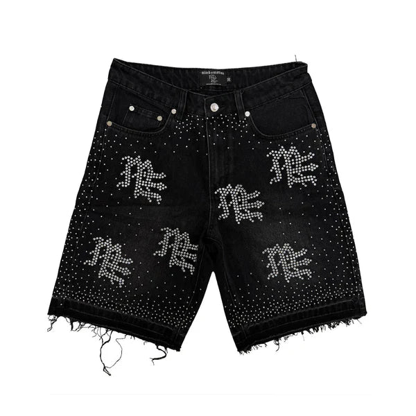 MIXED EMOTION BLACK "ME" RHINESTONE DENIM SHORTS