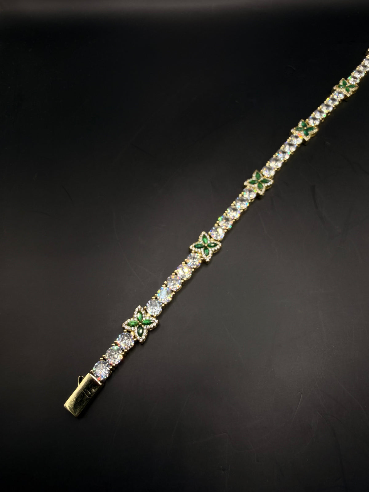 Pulsera Tennis Flor Esmeralda Dorada