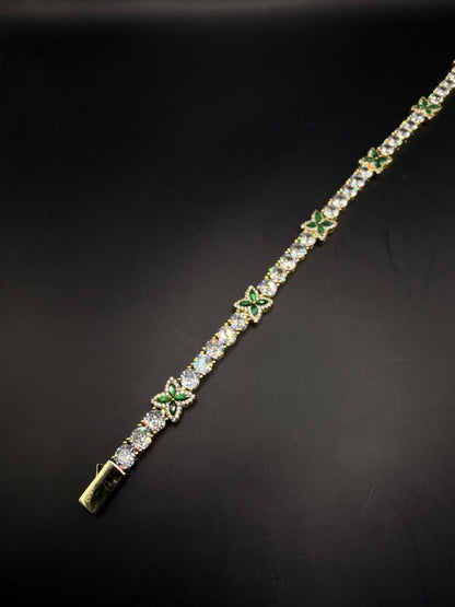 Pulsera Tennis Flor Esmeralda Dorada