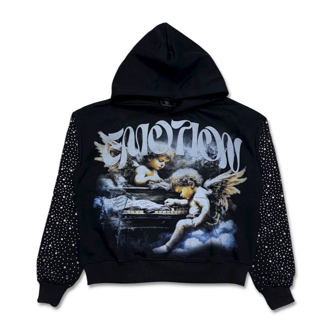 Fallen Angel Rhinestone MIXED EMOTION FALLEN ANGELS RHINESTONE HOODIE BLACK – KITSUNE HYPE DEPT