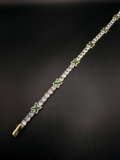 Pulsera Tennis Flor Esmeralda Dorada
