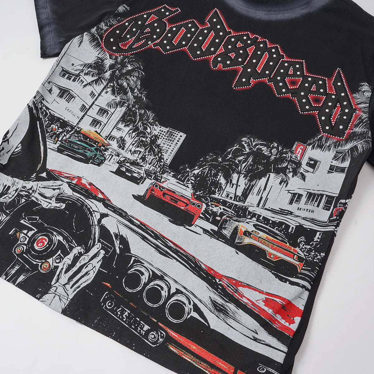 Godspeed Racing Vintage black Cropped T-Shirt Beige Rhinestone Edition