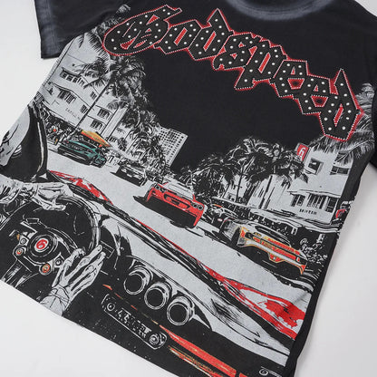 Godspeed Racing Vintage black Cropped T-Shirt Beige Rhinestone Edition