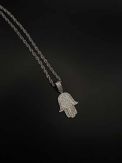 Iced Hamsa Hand Pendant Necklace