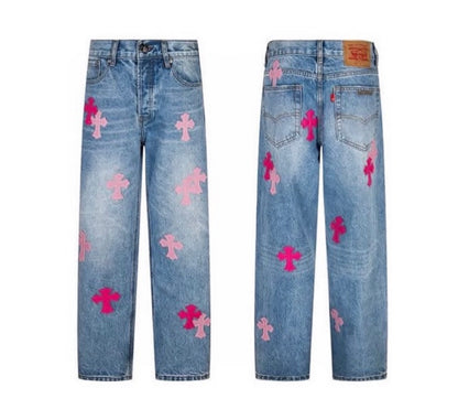 CHROME HEARTS PINK TRICOLOR PATCH DENIM