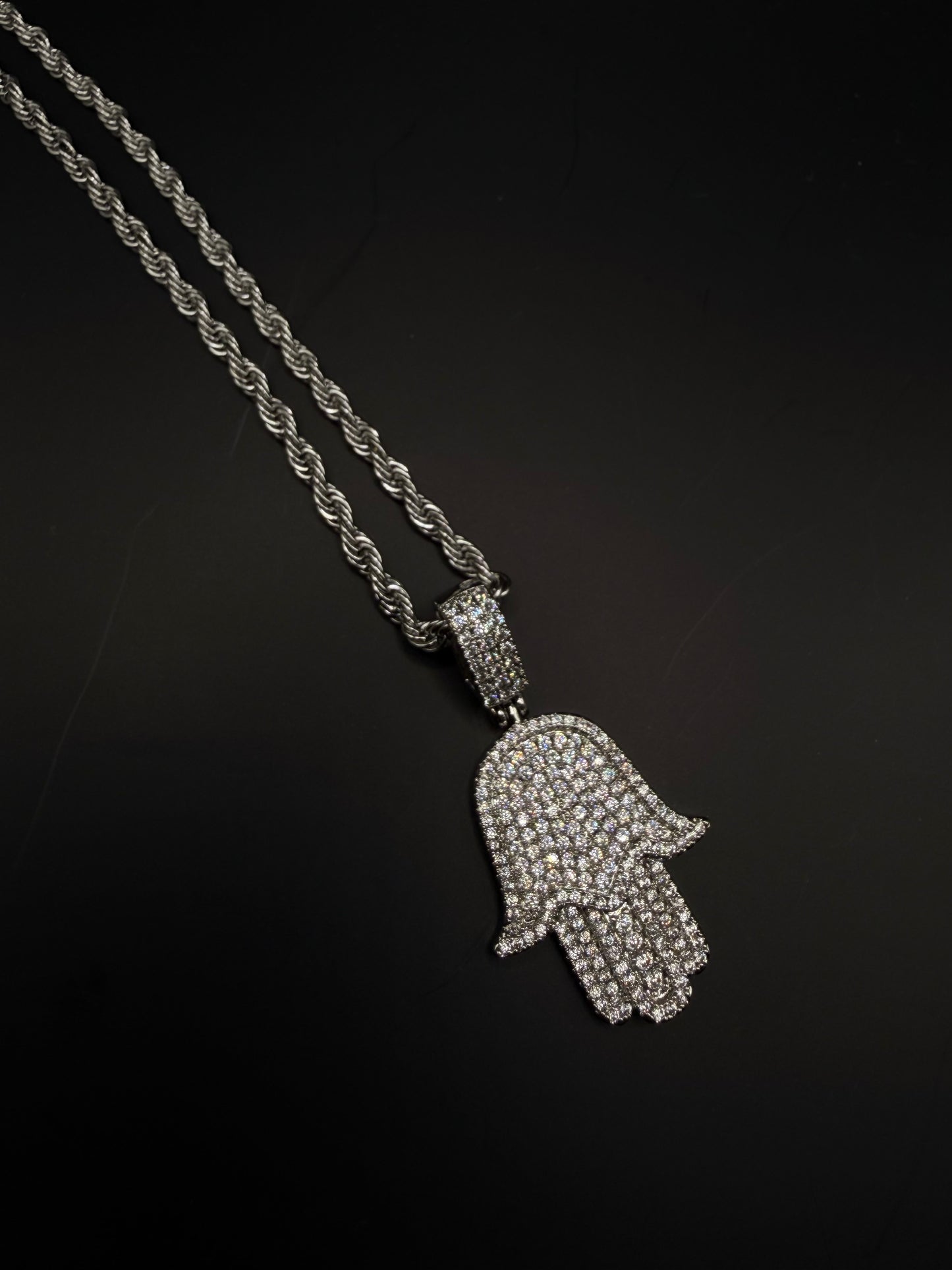 Iced Hamsa Hand Pendant Necklace