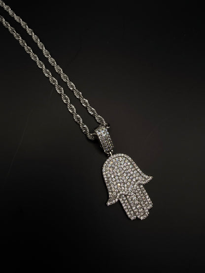 Iced Hamsa Hand Pendant Necklace