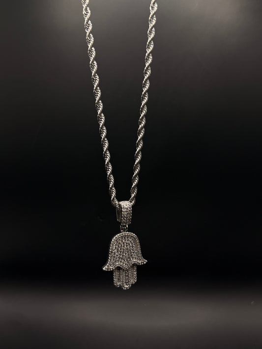 Iced Hamsa Hand Pendant Necklace