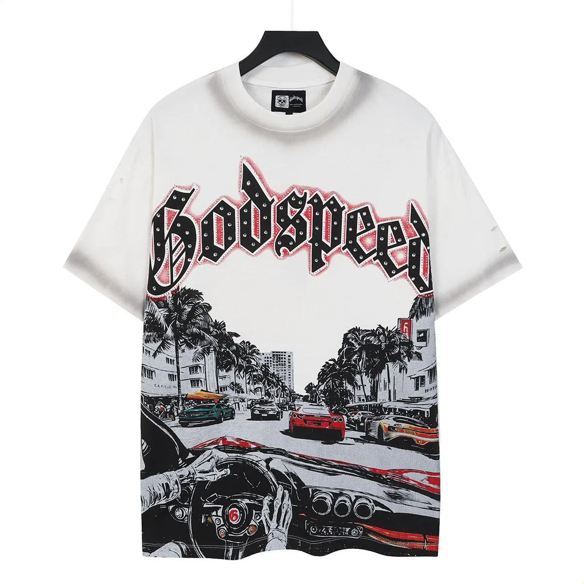 Godspeed Racing Vintage white Cropped T-Shirt Beige Rhinestone Edition
