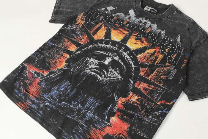 Godspeed Crying Statue Rhinestone Letter Distressed Print Washed black tee