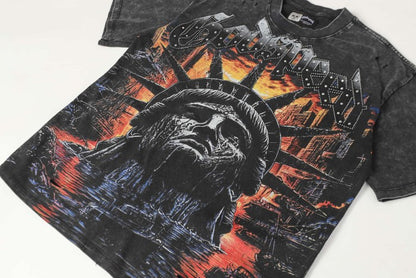 Godspeed Crying Statue Rhinestone Letter Distressed Print Washed black tee