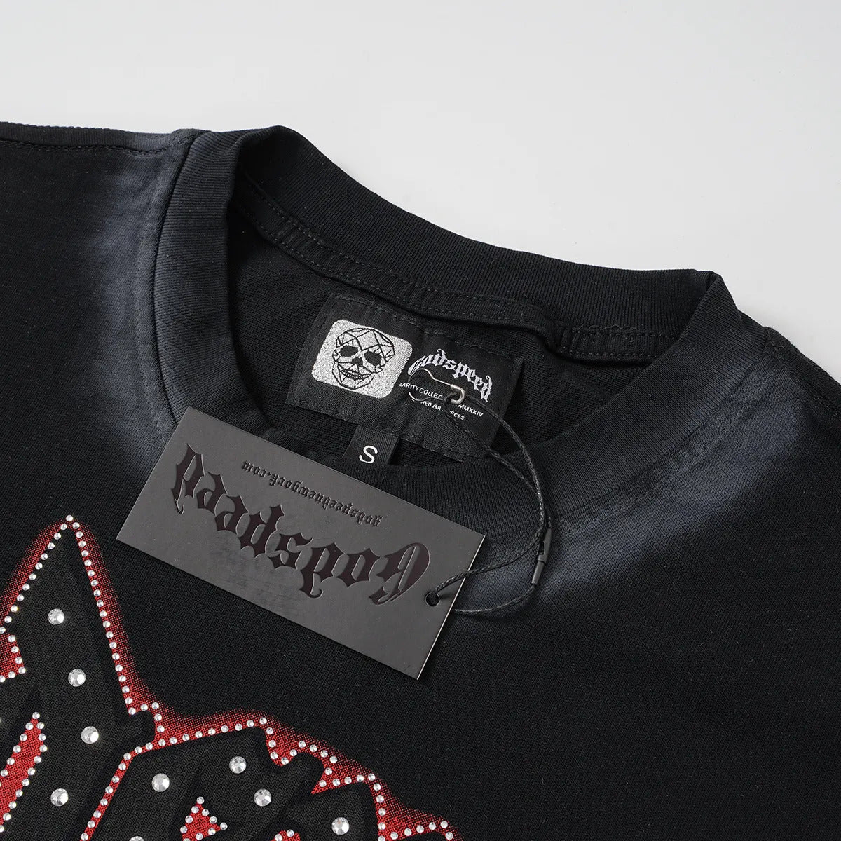 Godspeed Racing Vintage black Cropped T-Shirt Beige Rhinestone Edition