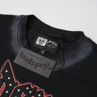 Godspeed Racing Vintage black Cropped T-Shirt Beige Rhinestone Edition