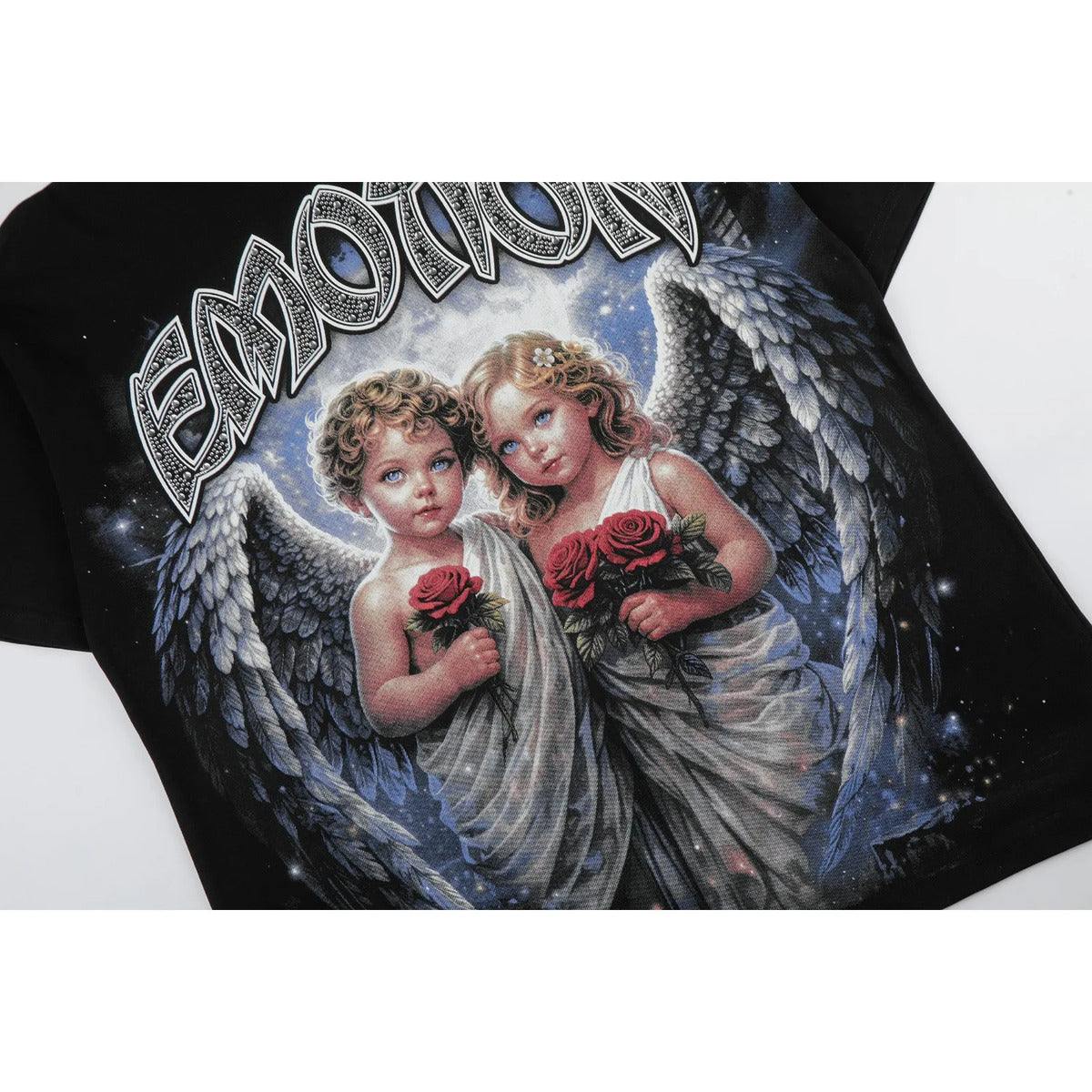 Mixed Emotion Angels and roses black Tshirt