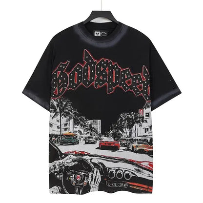 Godspeed Racing Vintage black Cropped T-Shirt Beige Rhinestone Edition