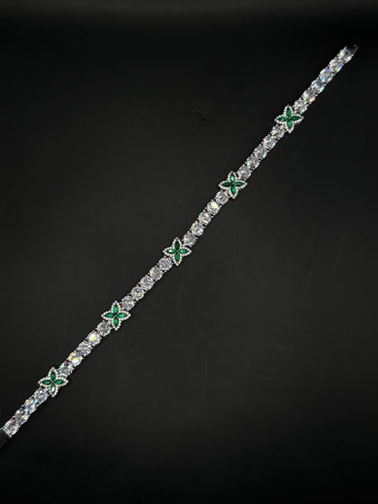Pulsera Tennis Flor Esmeralda Plateada