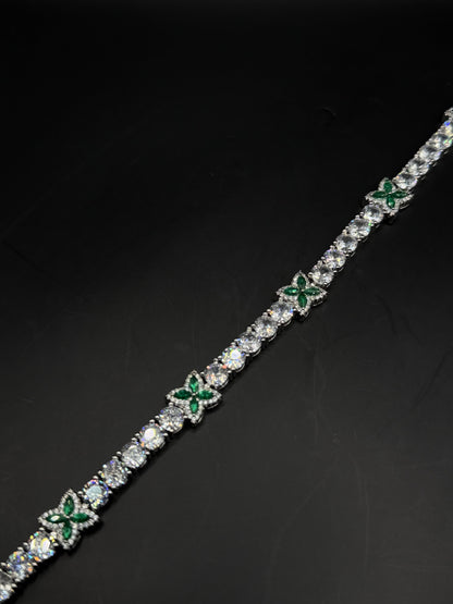 Pulsera Tennis Flor Esmeralda Plateada