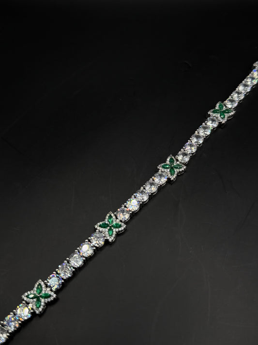 Pulsera Tennis Flor Esmeralda Plateada