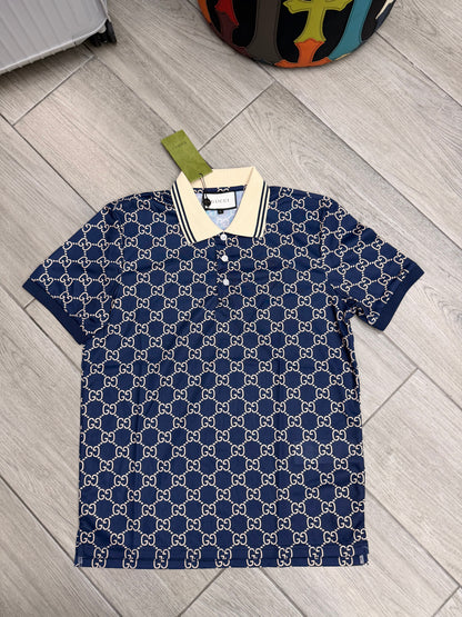 Gucci Men's GG Jacquard Cotton Piquet Polo Shirt Blue