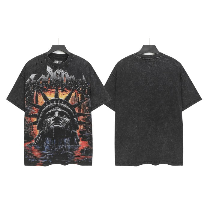 Godspeed Crying Statue Rhinestone Letter Distressed Print Washed black tee