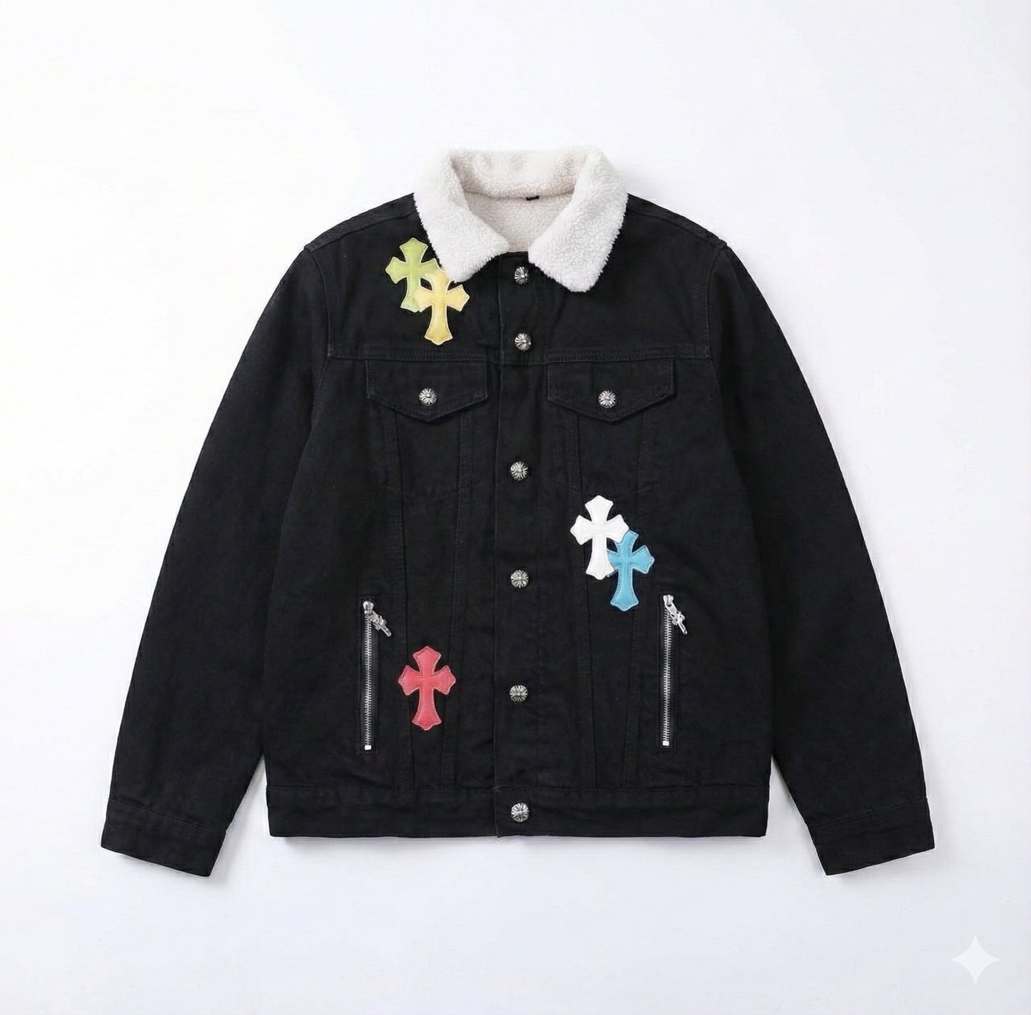 CHROME HEARTS 1/1 LEATHER PATCH SHEARLING DENIM TRUCKER