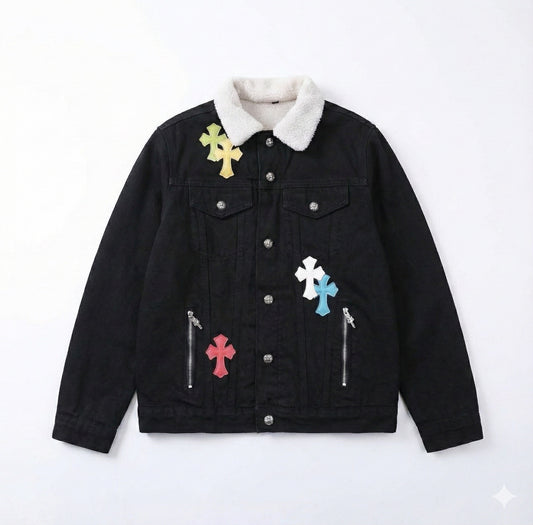 CHROME HEARTS 1/1 LEATHER PATCH SHEARLING DENIM TRUCKER