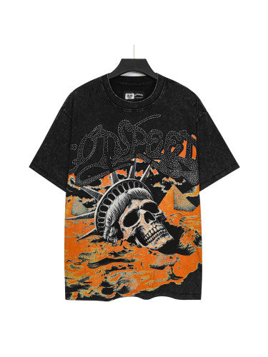 Godspeed Die skeleton Statue Rhinestone Letter Distressed Print Washed Version